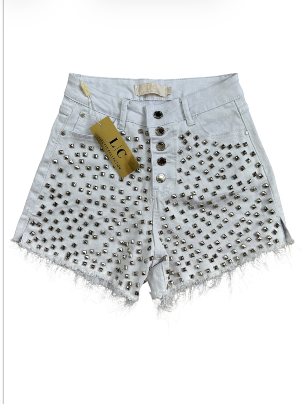 LIZETTE COLLECTION Woman’s White Silver‎ Studded Fringe Hem Denim Shorts M NWT!
